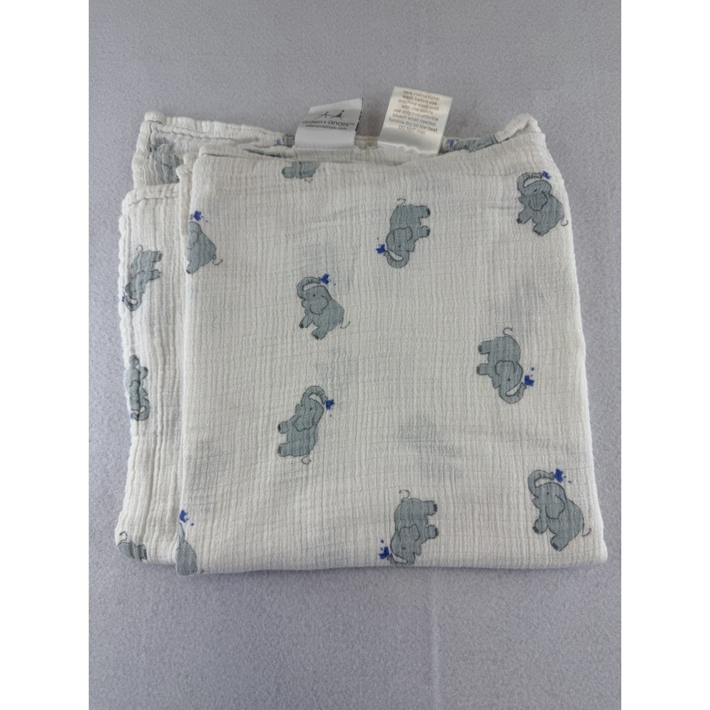 Aden + Anais Muslin White Blue Elephant Baby Receiving Swaddle‎ Blanket